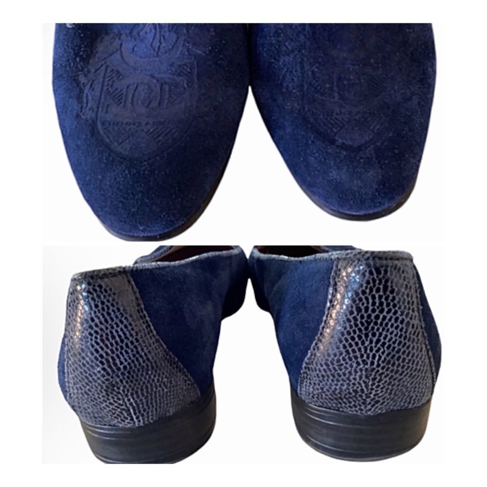 Etienne Aigner Navy Suede and Embossed Leather Loafers 9.5.